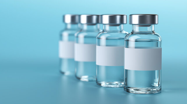 Four medical vials filled with clear liquid lined up against a blue background.
