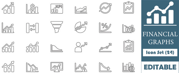 Minimalist financial graphs icon set featuring charts, analytics, and data visuals. Ideal for fintech, business dashboards, and economic presentations.