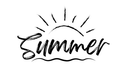 Summer text with sun, hand draw lettering summer and sun vector illustration.