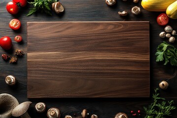Wooden cutting board surrounded by vegetables and mushrooms on a dark surface.
