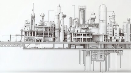 Fototapeta premium Crosssectional technical drawing of a suspended city, showing hanging structures, tension cables, and transportation networks