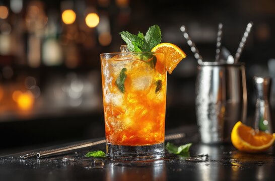Refreshing Citrus Cocktail with Ice, Mint Leaves, and Fresh Orange Slice on a Dark Bar Counter with Blurred Background