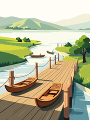 A traditional Korean boat dock (naru) prominently featuring a large wooden deck instead of stone