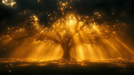 Golden Light Beams on a Magical Tree in a Dark Forest