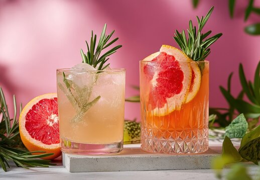 Refreshing Citrus Cocktails with Grapefruit and Rosemary Garnish on a Colorful Background for Vibrant Party Themes