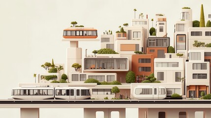 Crosssectional technical drawing of an urban canyon city, showcasing cantilevered homes, vertical parks, and a monorail transportation system