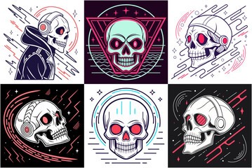 Six stylized skull illustrations in diverse geometric designs, featuring headphones, vibrant colors, and abstract backgrounds.