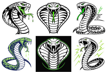 Six stylized cobra illustrations showcase variations in pose, color, and background, ideal for design projects needing a powerful, reptilian motif.
