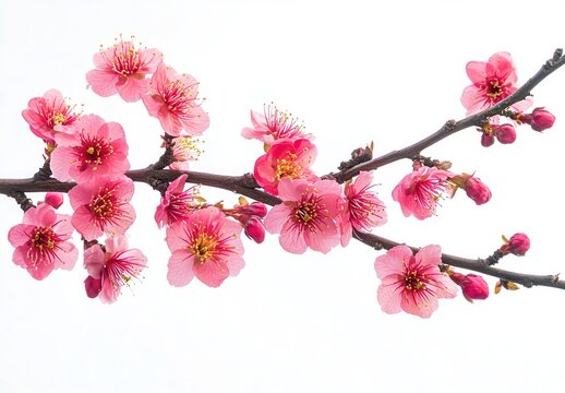 Delicate pink blossoms on a branch against a white background.  Close-up view of spring flowers