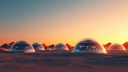 Explodedview technical drawing of an ecofriendly crater city on Mars, featuring biodomes, oxygen generators, and solar thermal systems