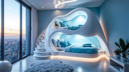 Futuristic Modern Bedroom with Bunk Beds and Skyline View. 