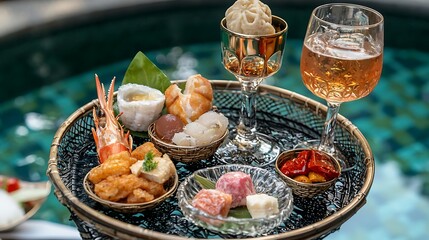 Elegant Seafood Platter with Cocktails by Swimming Poolside Setting