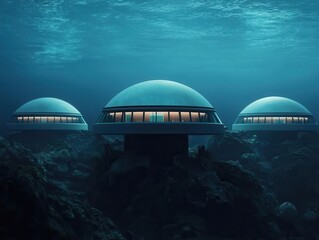 Crosssectional schematic of an underwater city, highlighting pressureresistant domes and marine habitat integration