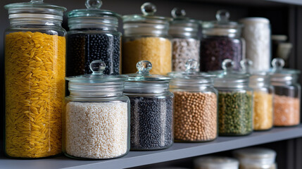 Neatly arranged glass jars filled with various colorful dried grains, seeds, and legumes on a kitchen shelf.
