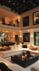 Obraz premium Elegant living room interior with white sofas dark coffee table and artwork.