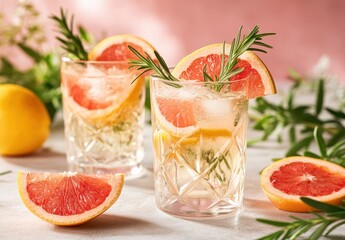 Fototapeta premium Refreshing Citrus Mocktail in Clear Glasses with Grapefruit and Lemon Garnish Surrounded by Fresh Herbs and Fruits on a Soft Pink Background