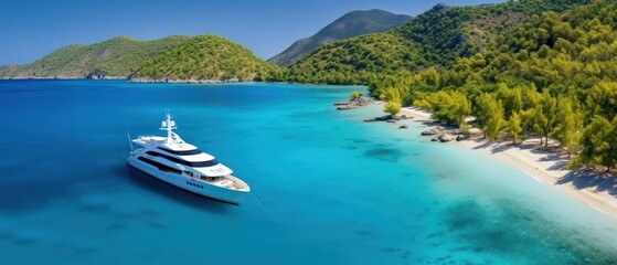 Aerial panoramic view luxury yacht anchored in tropical island with clear turquoise sea. Generate AI