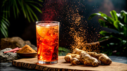 Spicy Ginger Drink with Fiery Glow Radiating from Within