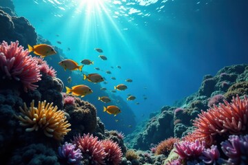 Fototapeta premium School of colorful fish swimming in coral reef, school, marine life
