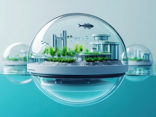 Exploded schematic of a futuristic underwater farming city, showcasing fish hatcheries, crop domes, and desalination plants