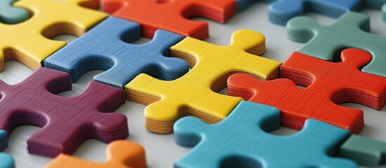 Close up multicolored Jigsaw puzzle parts on table. Generated AI image