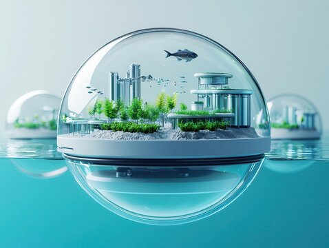 Exploded schematic of a futuristic underwater farming city, showcasing fish hatcheries, crop domes, and desalination plants