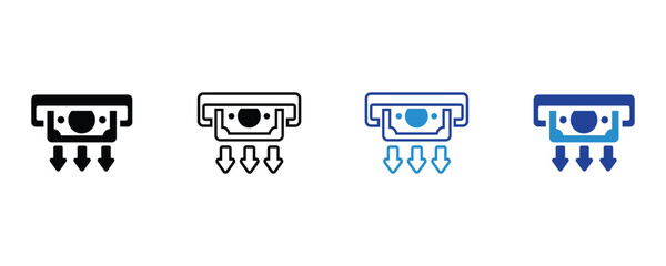 Withdraw money icon vector set, withdraw money outline style, withdraw money icon in blue and black colors isolated on white background.