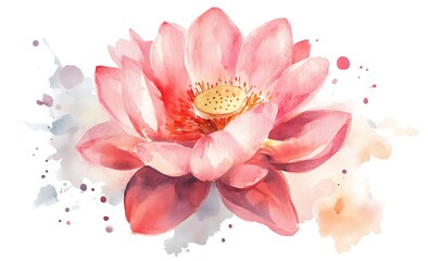 Watercolor pink lotus flower clipart, white background