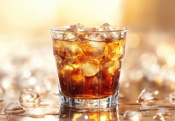 Refreshing Glass of Carbonated Beverage with Ice Cubes on a Bright Surface with Glimmering Highlights in a Soft Focus Background