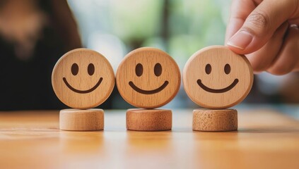 Three wooden smileys on wooden bases with a hand touching one.