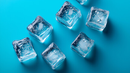 Ice cubes scattered on a vibrant blue background with visible frost and air bubbles.
