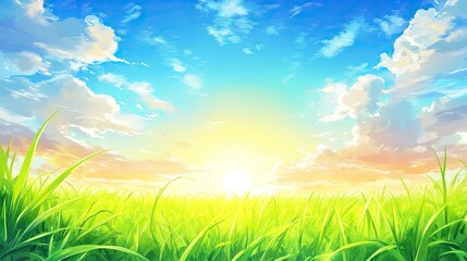 Fototapeta premium Vibrant sunrise over a lush green meadow.