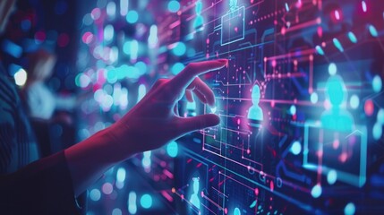 A hand is pointing at a screen with a lot of people on it