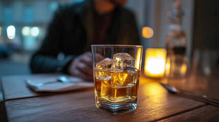Glass of whiskey with ice on a wooden coffee table in a warmly lit living room with a blurred figure in the background.
