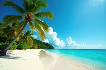 Palm trees sway gently on sandy white beach with turquoise ocean waves, sunny, tropical, sea