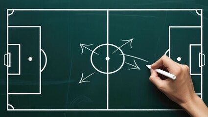 football racing strategy A hand draws soccer strategies on a chalkboard, illustrating player movements and tactics in a game plan layout.