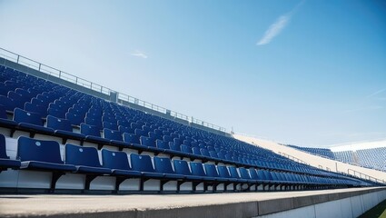 football racing strategy Empty stadium seats under a clear blue sky, creating a sense of openness and anticipation.