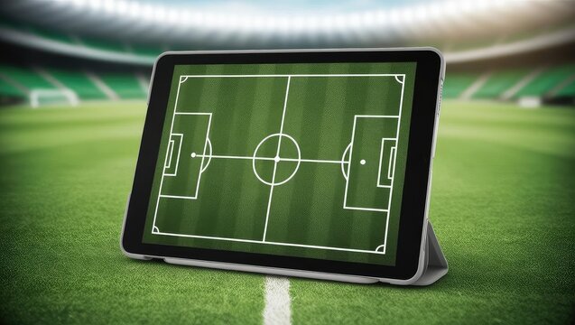 football racing strategy A digital tablet displaying a soccer field sits on a pitch, showcasing technology in sports settings. - Powered by Adobe
