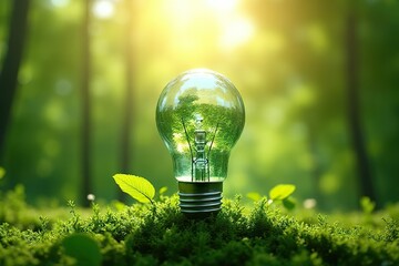 Sustainable energy concept lush forest environment nature photography green light bulb close-up view