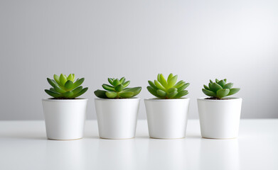 Green succulents in minimalist white pots lined up on a clean white surface against a neutral background.
