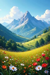 Fototapeta premium Mountain range landscape with rolling hills and wildflowers, mountains, landscape