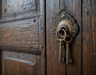 Fototapeta premium A close-up view of a weathered wooden door, showcasing its rich texture and intricate grain patterns. A set of vintage keys hangs nearby, adding charm and a sense of history.