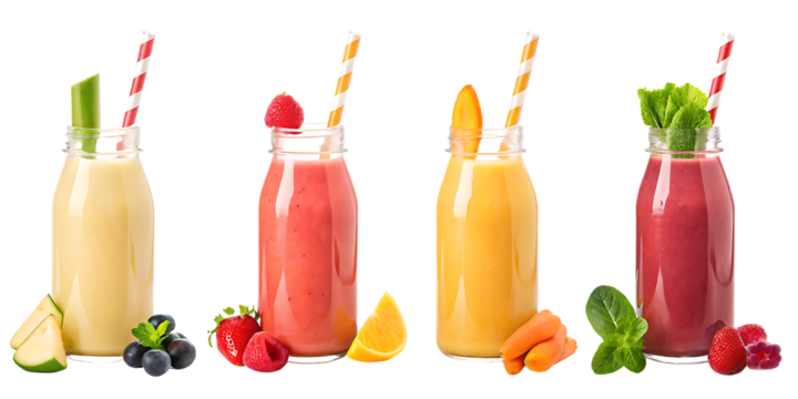 Row of healthy fresh fruit and vegetable smoothies with assorted ingredients served in glass bottles with straws isolated on white background PNG. GENERATIVE AI