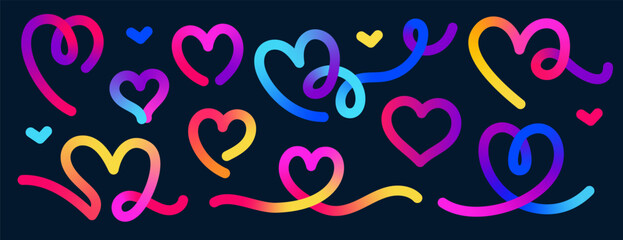 Color Heart  Gradient Line Shapes Love. Abstract Neon Wavy Ribbons. Rainbow Spiral Design Elements Black Background