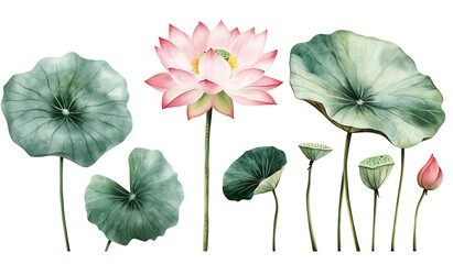 Watercolor pink lotus flower with green leaves, clip art for t-shirt design on a white background