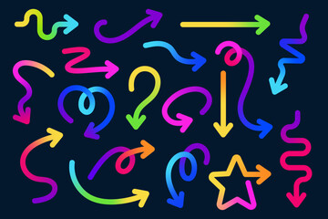 Color Arrow  Gradient Line Shapes. Abstract Neon Wavy Ribbons. Rainbow Spiral Design Elements Black Background