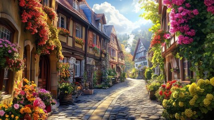 Naklejka premium A picturesque village with cobblestone streets, blooming flower boxes, and a peaceful atmosphere 