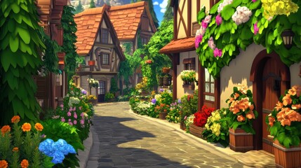 Obraz premium A picturesque village with cobblestone streets, blooming flower boxes, and a peaceful atmosphere 