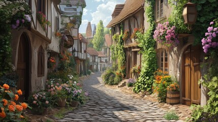 Fototapeta premium A picturesque village with cobblestone streets, blooming flower boxes, and a peaceful atmosphere 