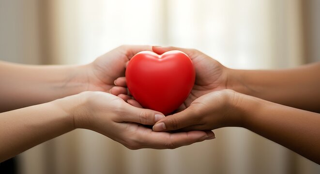 Two hands hold a red heart, symbolizing care and compassion.